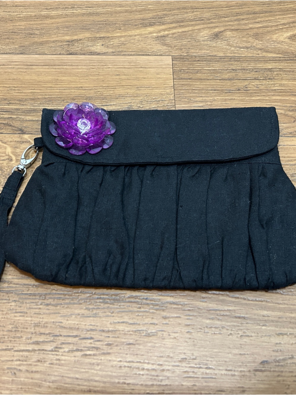 Black Wristlet Clutch with Purple Flower Accent